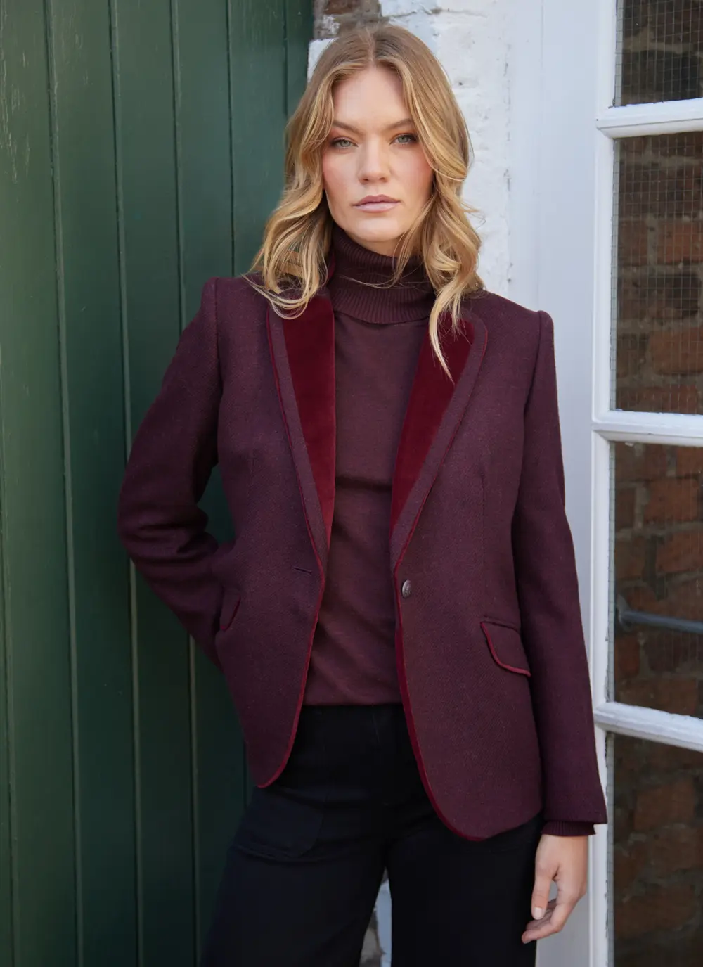 Burgundy Tweed Blazer Office Clothes For Women With Suede Collar 
